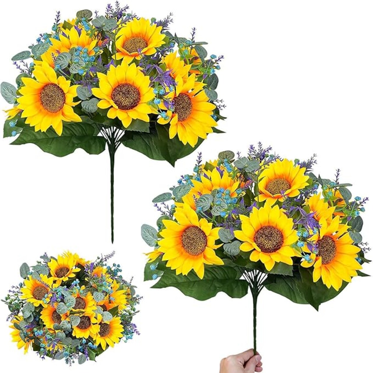 2 Bouquets Large Sunflowers Artificial Flowers Summer Cemetery Decor, 16 Inch Fake Flowers Silk Faux Sunflower Lavender Baby Breath Arrangement for Mother's Day Wedding Home Outdoor Grave Decorations